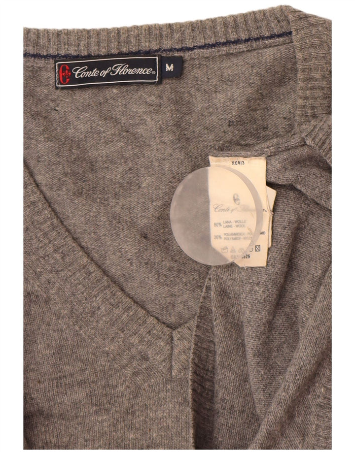 Conte of Florence Mens V-Neck Jumper Sweater Medium Grey Wool