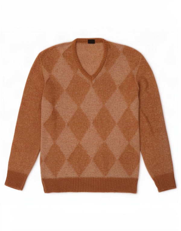 Vintage Mens V-Neck Jumper Sweater Small Brown Argyle/Diamond Acrylic