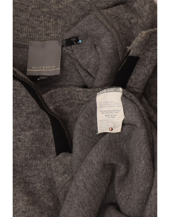 BELFE & BELFE Mens Zip Neck Jumper Sweater Large Grey Wool