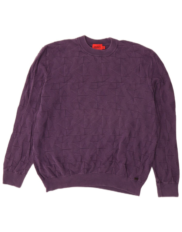 HUGO BOSS Mens Crew Neck Jumper Sweater 2XL Purple Geometric Cotton