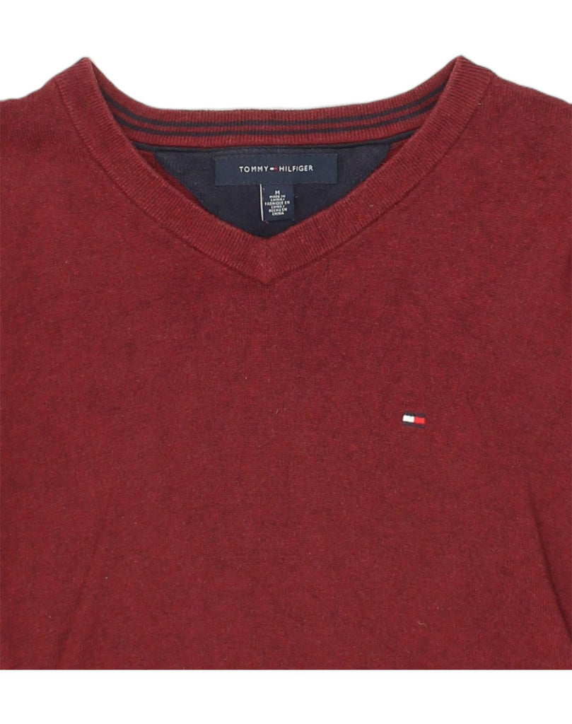 TOMMY HILFIGER Mens V-Neck Jumper Sweater Medium Burgundy Cotton | Vintage Tommy Hilfiger | Thrift | Second-Hand Tommy Hilfiger | Used Clothing | Messina Hembry 