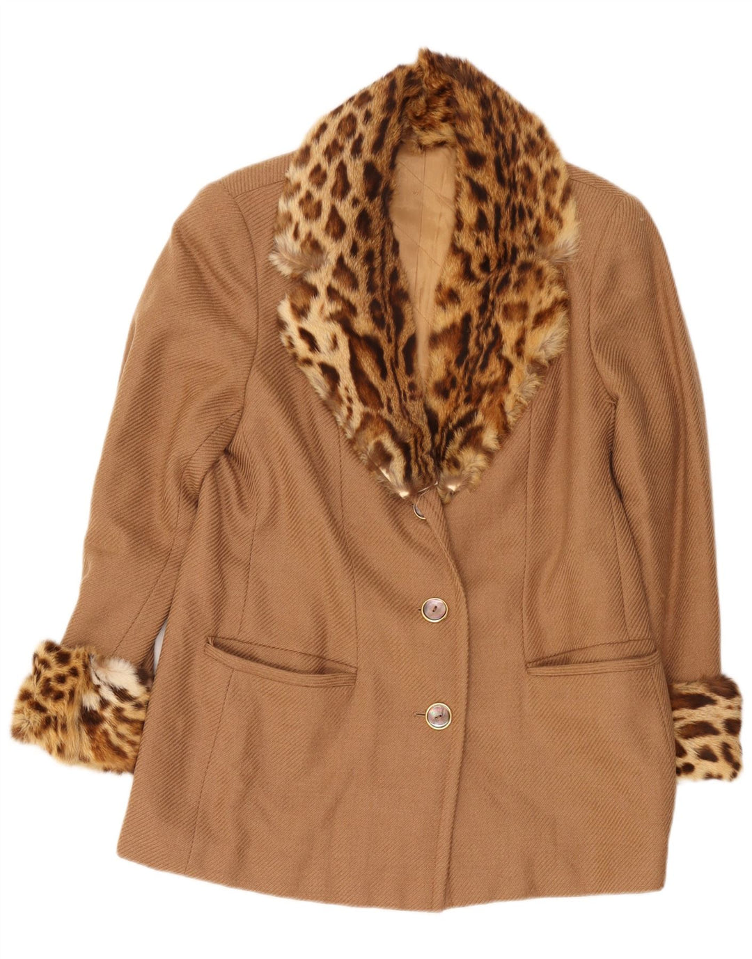 Vintage Womens Short Overcoat UK 14 Medium Beige Animal Print