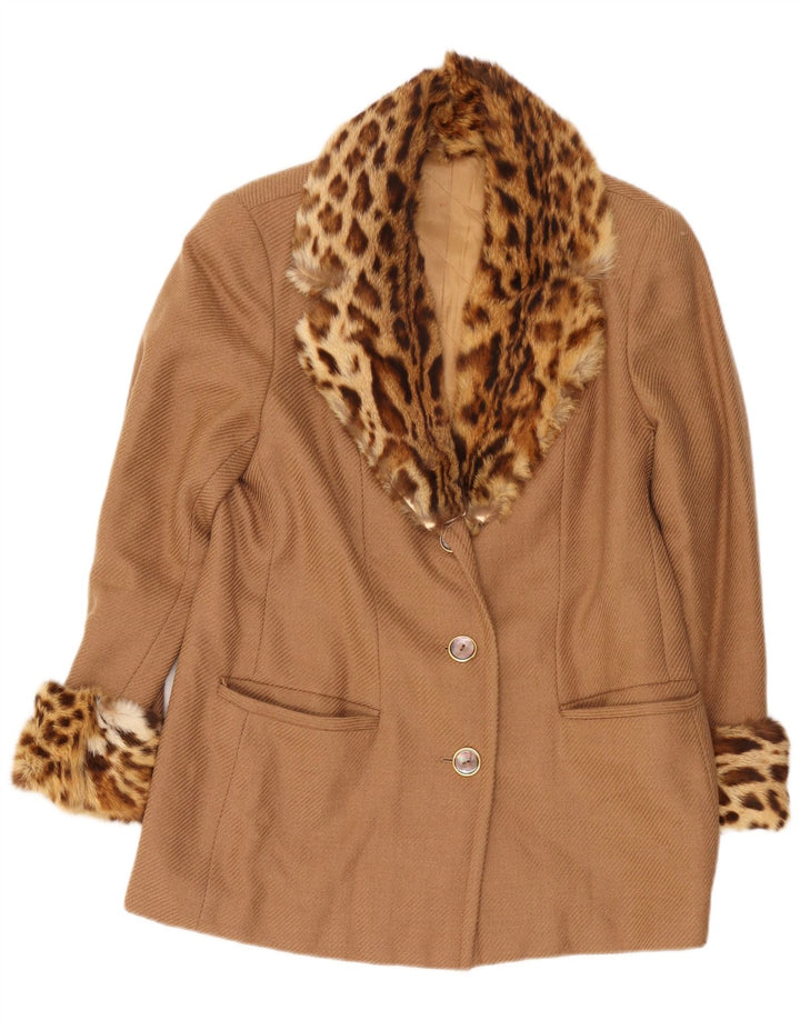 Vintage Womens Short Overcoat UK 14 Medium Beige Animal Print