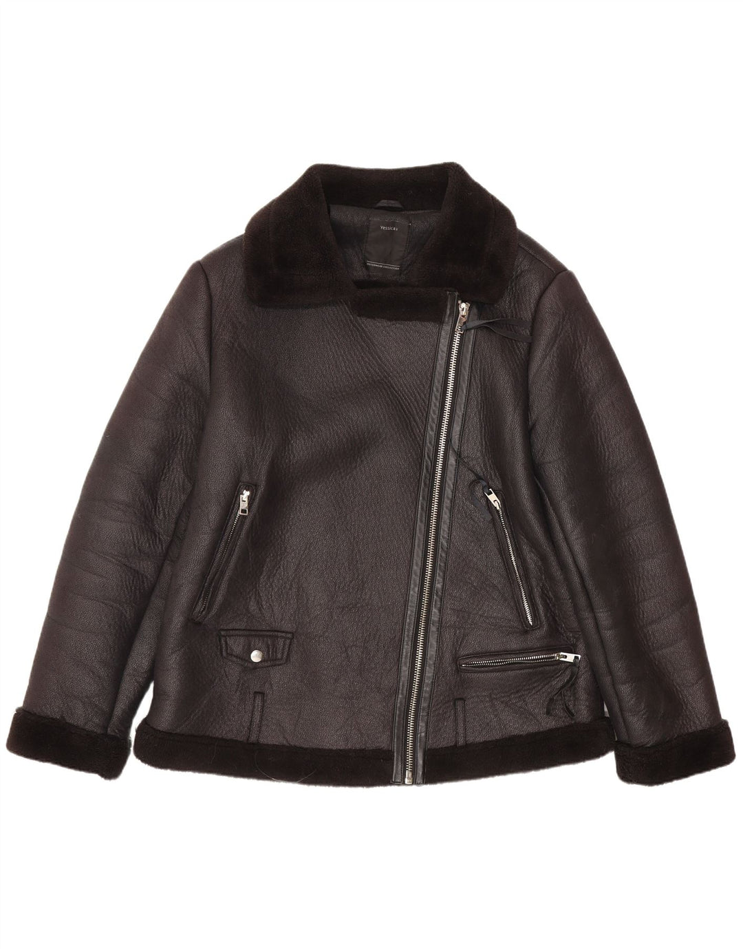 C&A Womens Sherpa Faux Leather Biker Jacket EU 44 XL Black Polyester