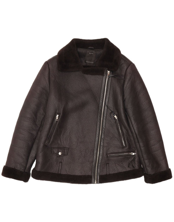 C&A Womens Sherpa Faux Leather Biker Jacket EU 44 XL Black Polyester