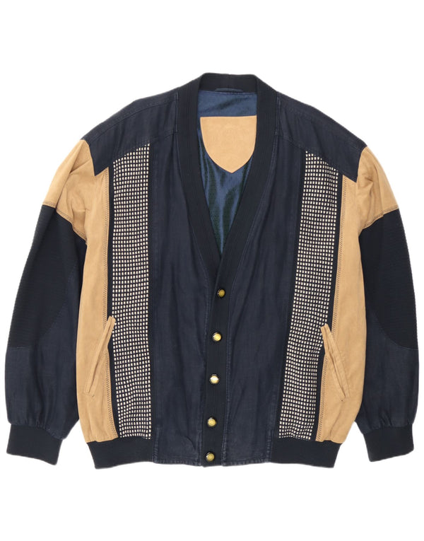 Delba Alcantara Mens Bomber Jacket UK 48 4XL Navy Blue Colourblock Linen