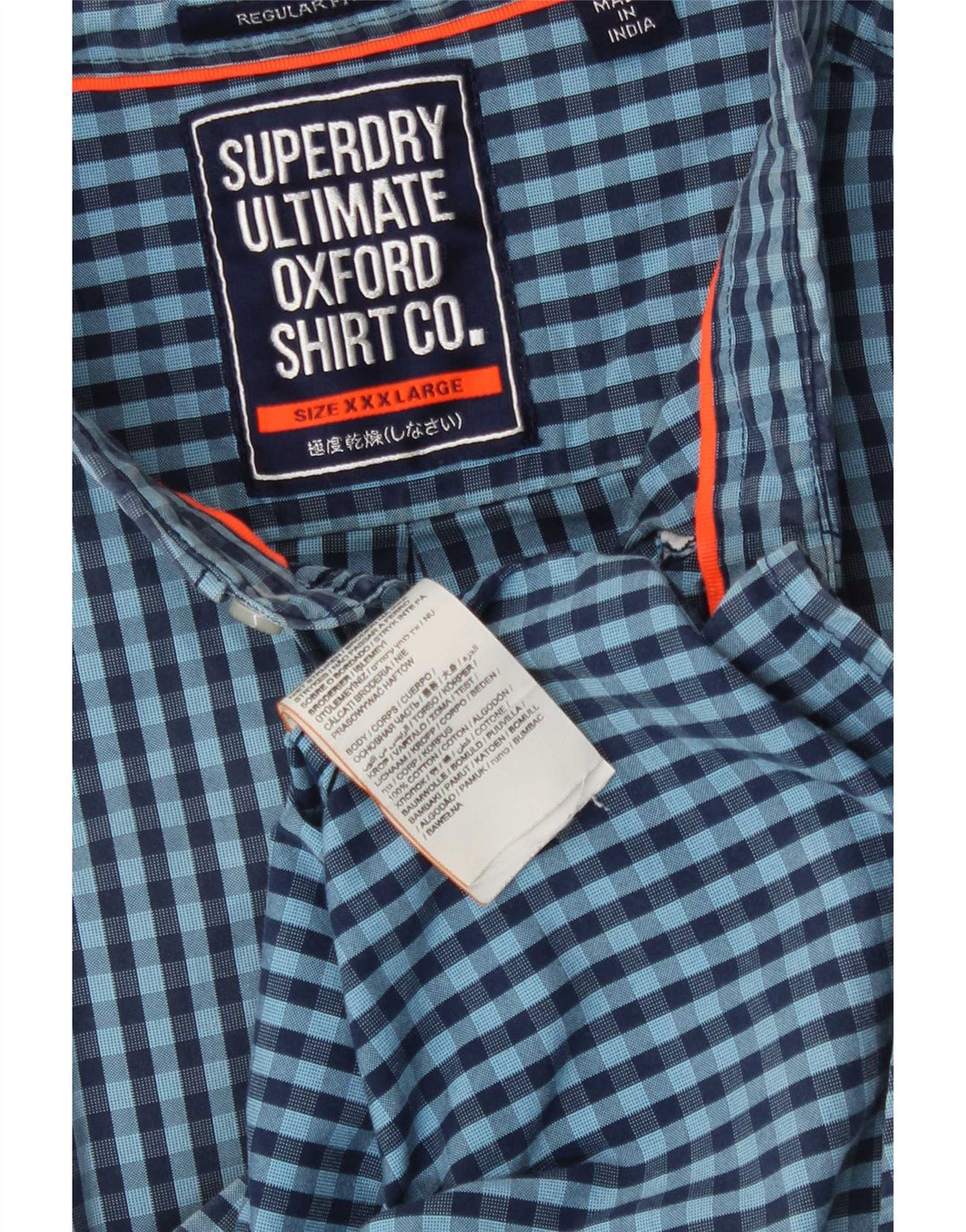 Superdry Mens Short Sleeve Regular Fit Shirt 3XL Navy Blue Gingham Cotton