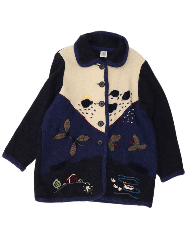Vintage Womens Cardigan Sweater UK 16 Large Navy Blue Colourblock Novelty