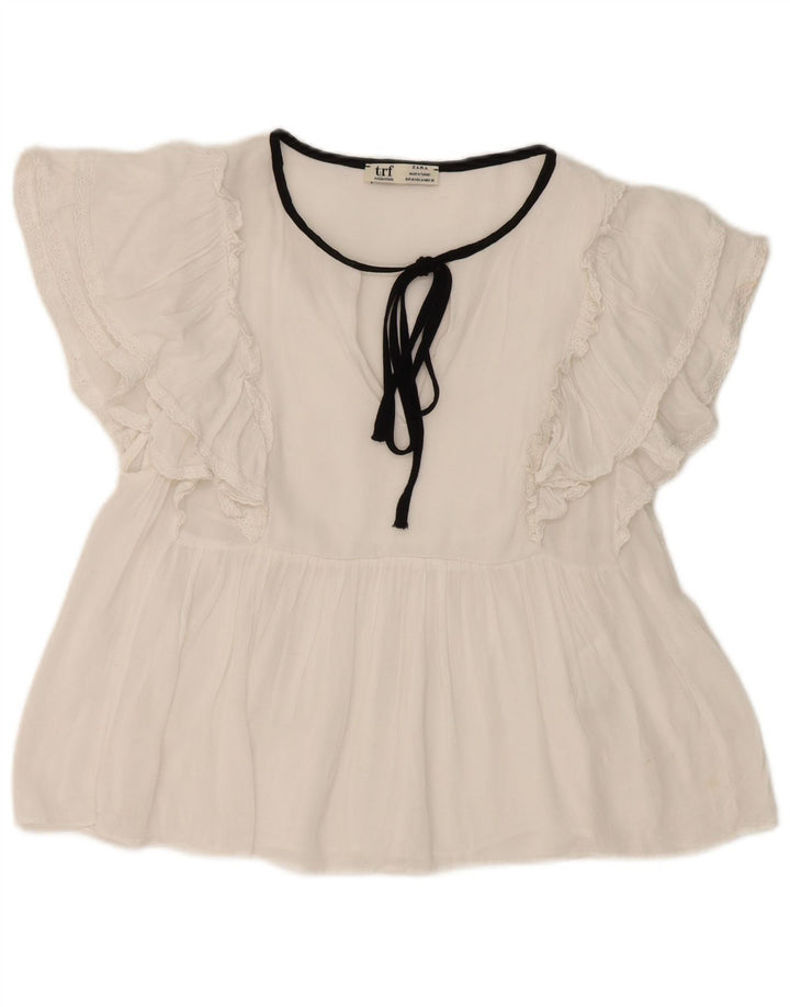 Zara Womens Front Tie Batwing Blouse Top UK 12 Medium White Cotton