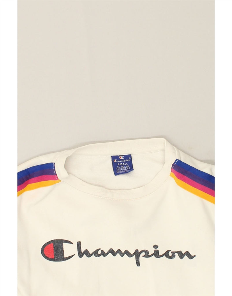 CHAMPION Womens Oversized Crop Sweatshirt Jumper UK 6 XS White Striped | Vintage Champion | Thrift | Second-Hand Champion | Used Clothing | Messina Hembry 