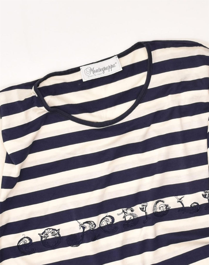 VINTAGE Womens Graphic T-Shirt Top UK 14 Medium Navy Blue Striped Cotton | Vintage Vintage | Thrift | Second-Hand Vintage | Used Clothing | Messina Hembry 