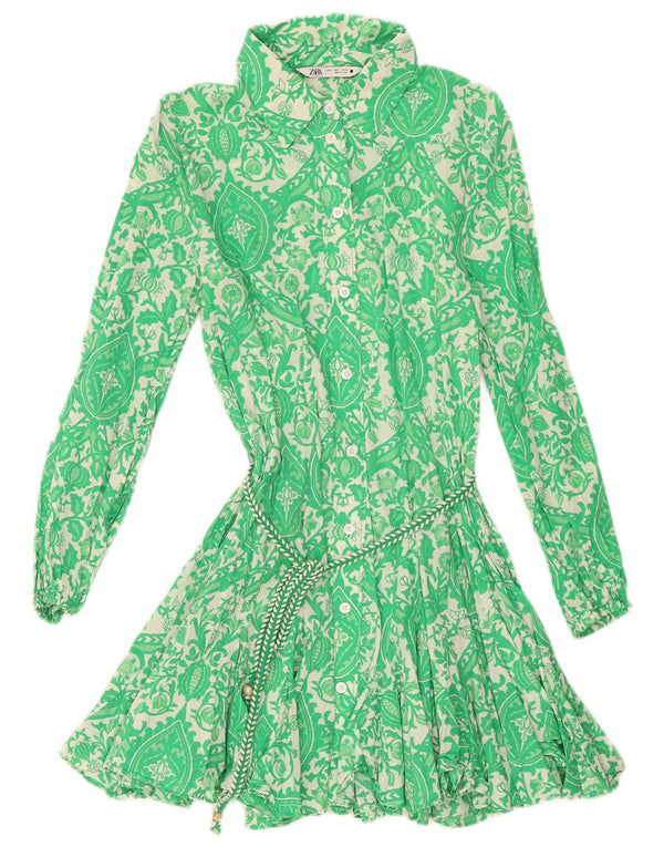 Zara Womens Shirt Dress UK 14 Large Green Floral Cotton