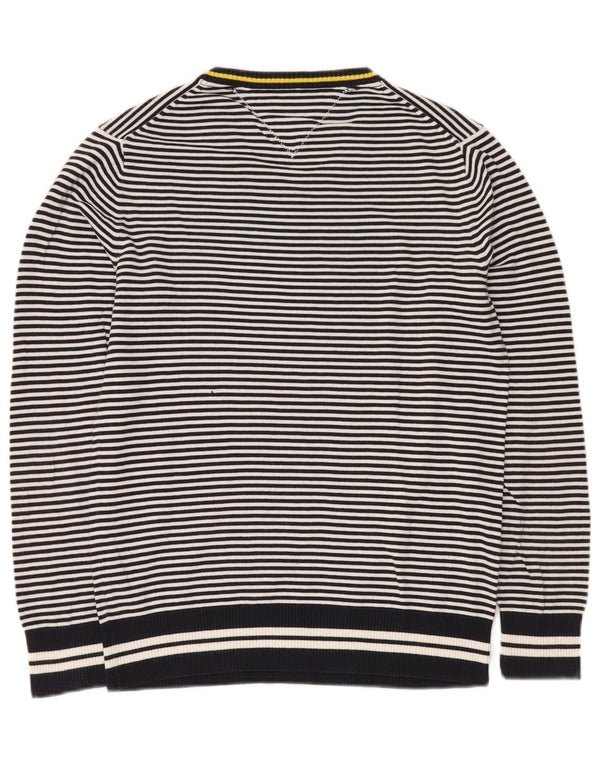 TOMMY HILFIGER Mens V-Neck Jumper Sweater Small Navy Blue Striped Cotton