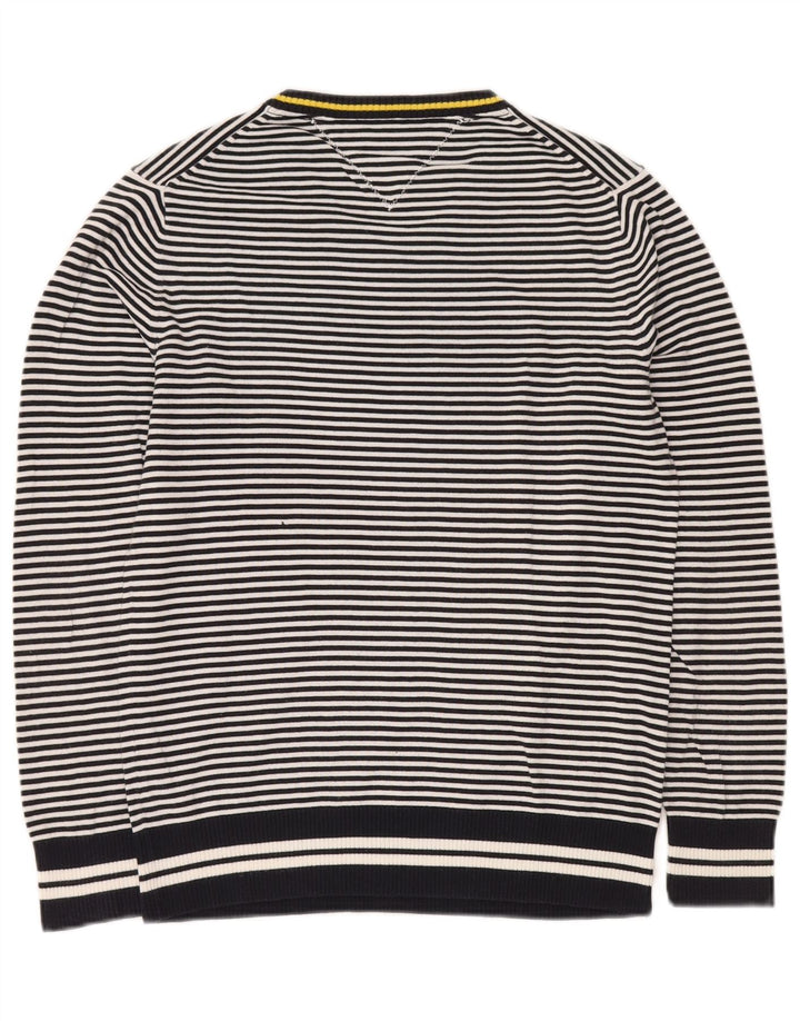 TOMMY HILFIGER Mens V-Neck Jumper Sweater Small Navy Blue Striped Cotton