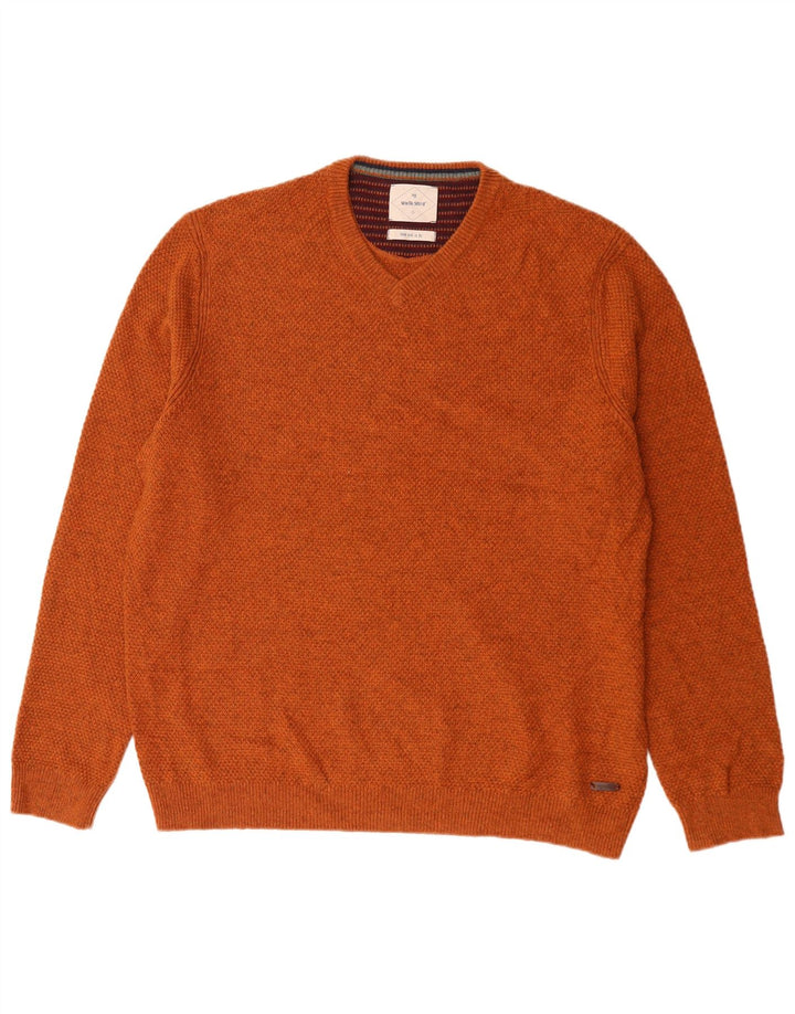 White Stuff Mens V-Neck Jumper Sweater XL Orange Wool