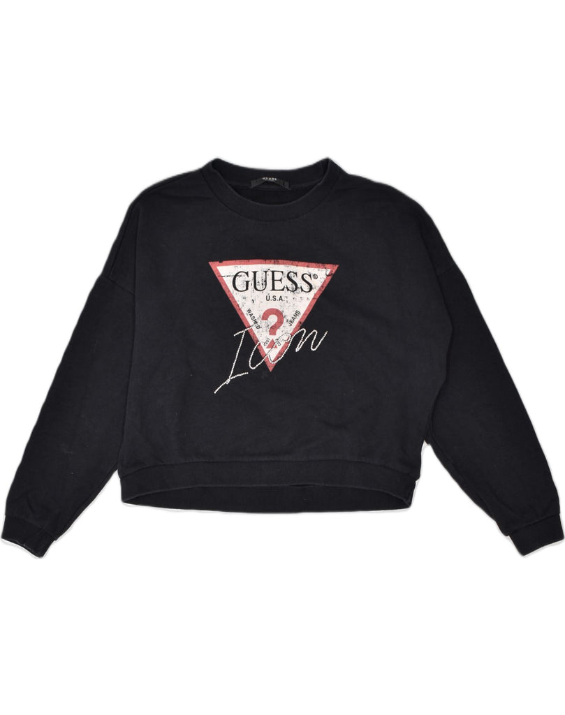 GUESS Womens Graphic Crop Sweatshirt Jumper UK 8 Small Black Cotton | Vintage Guess | Thrift | Second-Hand Guess | Used Clothing | Messina Hembry 