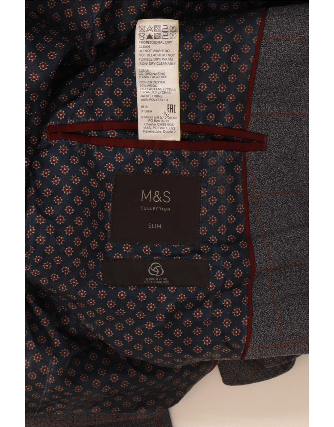 Marks & Spencer Mens Slim Fit 2 Button Blazer Jacket UK 36 Small Blue Check