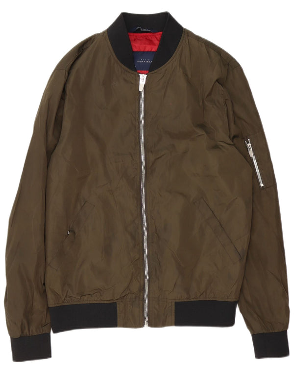 Zara Mens Bomber Jacket UK 38 Medium Green Polyester