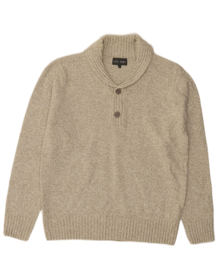 Marks & Spencer Mens Shawl Neck Jumper Sweater Medium Green Flecked Acrylic