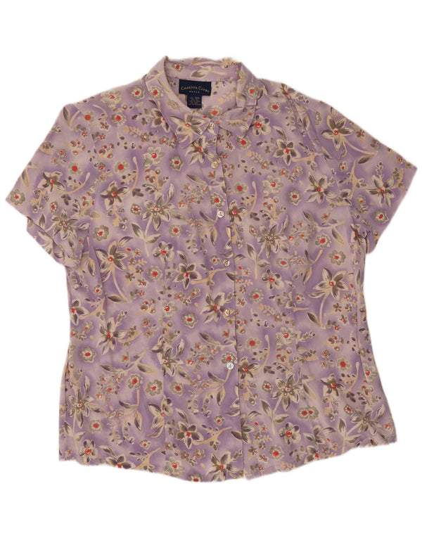 CHARTER CLUB Womens Short Sleeve Shirt Blouse US 16 2XL Purple Floral Silk