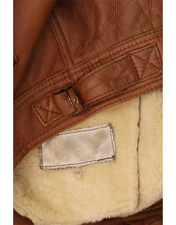 Vintage Mens Shearling Jacket IT 54 2XL Brown Leather