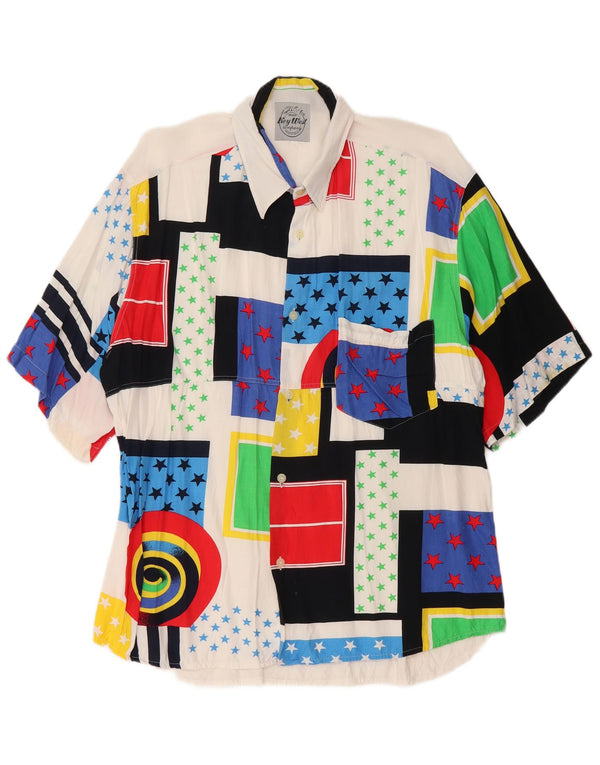 Key West Mens Short Sleeve Shirt XL White Patchwork Viscose