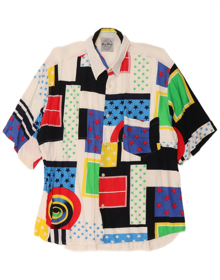 Key West Mens Short Sleeve Shirt XL White Patchwork Viscose