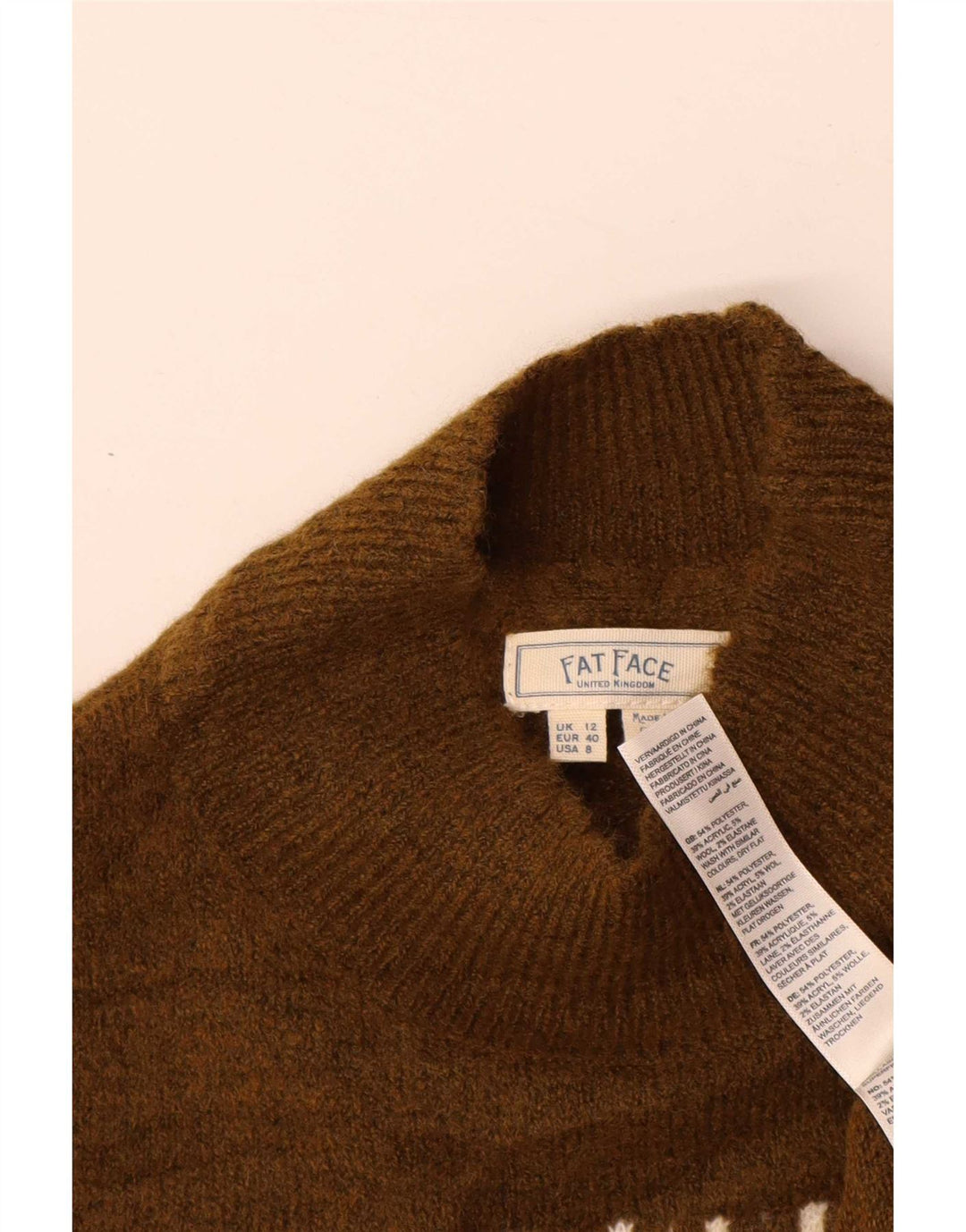 Fat Face Womens Turtle Neck Jumper Sweater UK 12 Medium Khaki Fair Isle