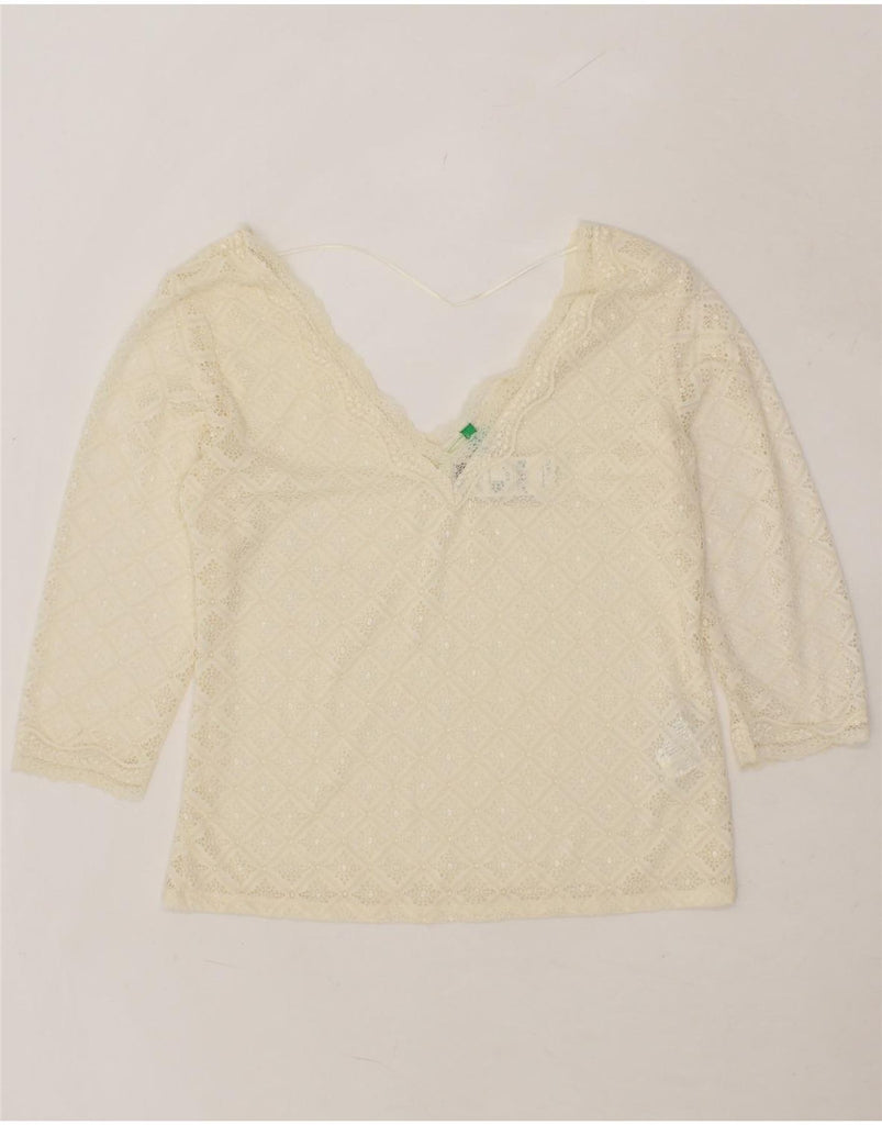BENETTON Womens Crop 3/4 Sleeve Blouse Top UK 14 Large White Polyester Vintage Benetton and Second-Hand Benetton from Messina Hembry 