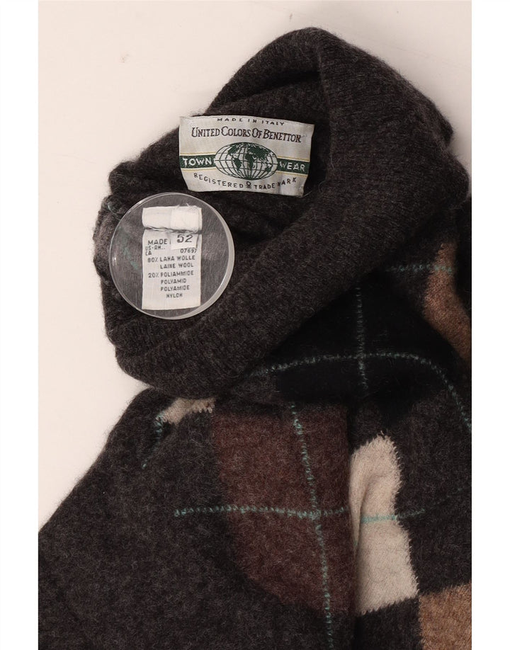 Benetton Mens Roll Neck Jumper Sweater IT 52 Large Grey Argyle/Diamond Wool