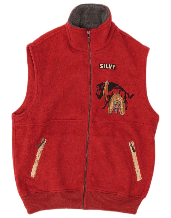 Silvy Mens Graphic Loose Fit Fleece Gilet UK 36 Small Red Polyester