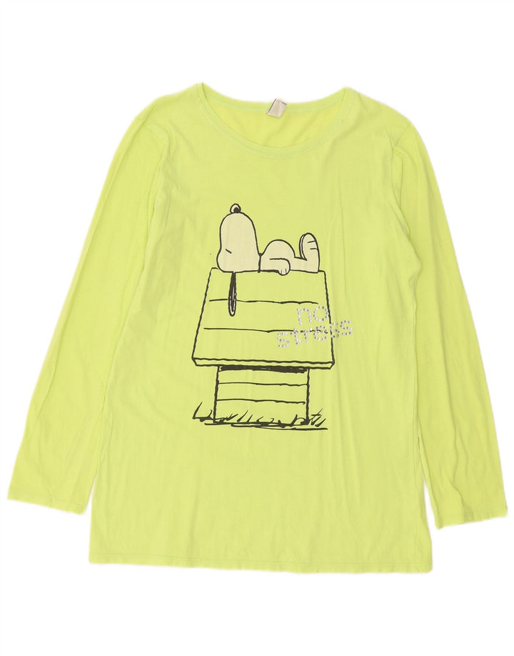 BENETTON Womens Peanuts Graphic Top Long Sleeve UK 14 Medium Green Cotton