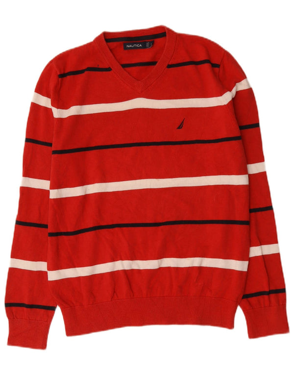 Nautica Mens V-Neck Jumper Sweater Small Red Striped Cotton