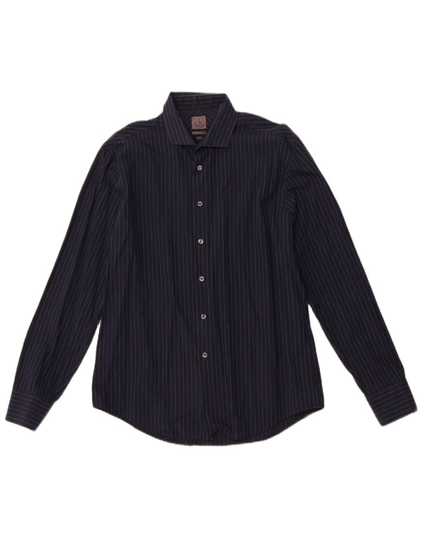 CALVIN KLEIN Mens Slim Fit Shirt Size 16 41 Large Navy Blue Striped Cotton