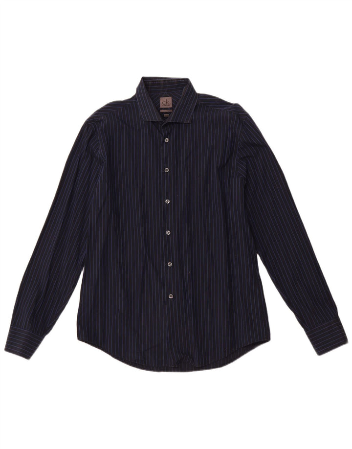 CALVIN KLEIN Mens Slim Fit Shirt Size 16 41 Large Navy Blue Striped Cotton