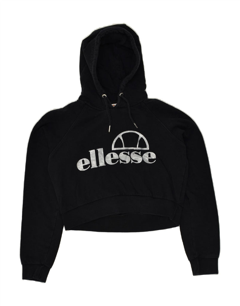 ELLESSE Womens Crop Graphic Hoodie Jumper UK 12 Medium Black Cotton | Vintage Ellesse | Thrift | Second-Hand Ellesse | Used Clothing | Messina Hembry 