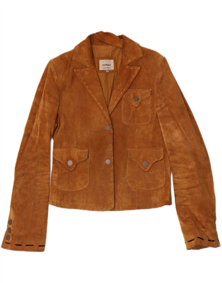 Conbipel Womens Crop Suede Jacket IT 46 Large Brown Floral Leather