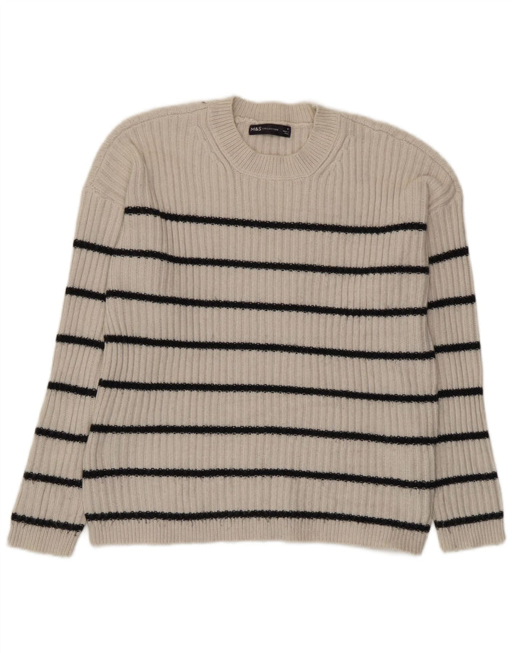 Marks & Spencer Womens Crew Neck Jumper Sweater UK 14 Medium Beige Striped