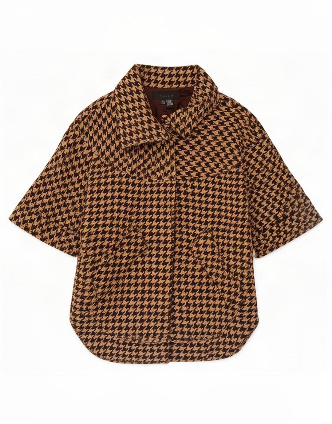 Zara Womens Short Sleeve Cape Coat UK 14 Medium Brown Houndstooth Wool