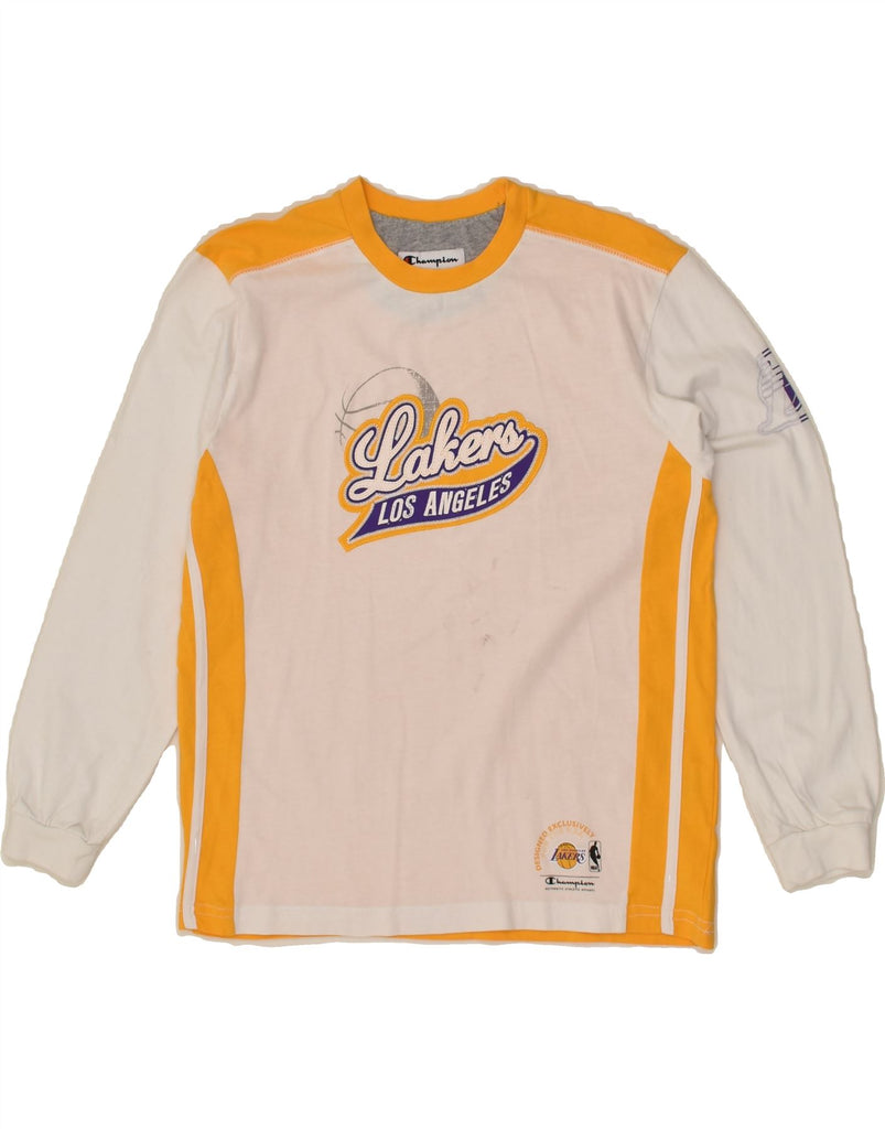 CHAMPION Boys Lakers Graphic Top Long Sleeve 9-10 Years Medium White | Vintage Champion | Thrift | Second-Hand Champion | Used Clothing | Messina Hembry 