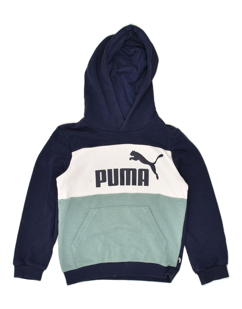 PUMA Boys Graphic Hoodie Jumper 7-8 Years Navy Blue Colourblock Cotton | Vintage Puma | Thrift | Second-Hand Puma | Used Clothing | Messina Hembry 