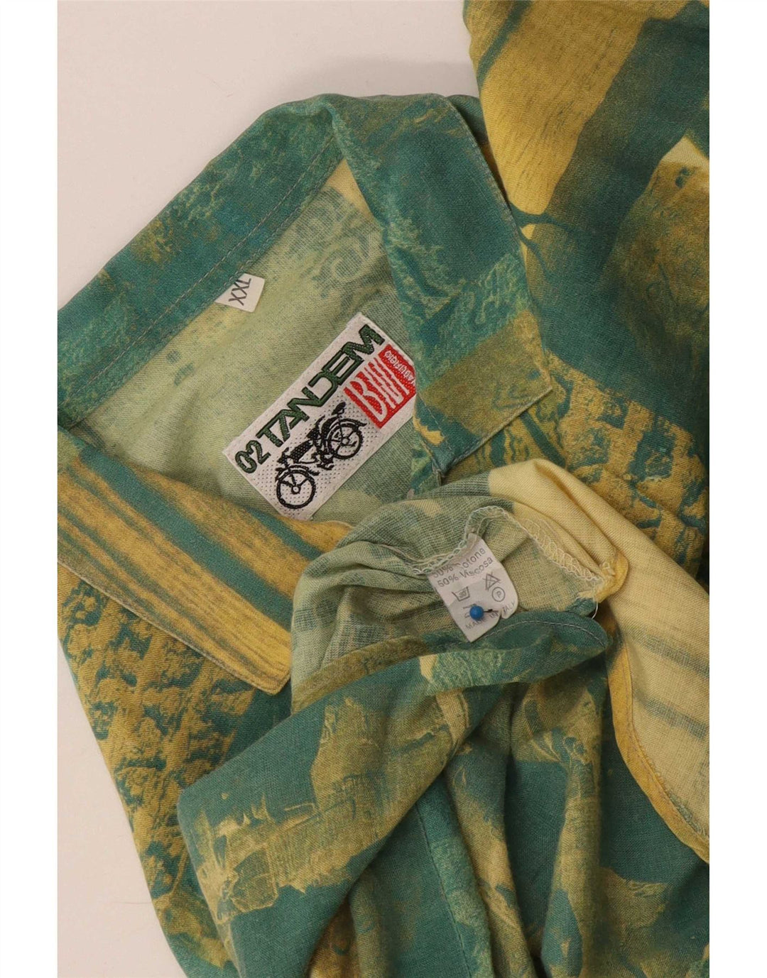 Vintage Mens Graphic Short Sleeve Shirt 2XL Green Patchwork Cotton