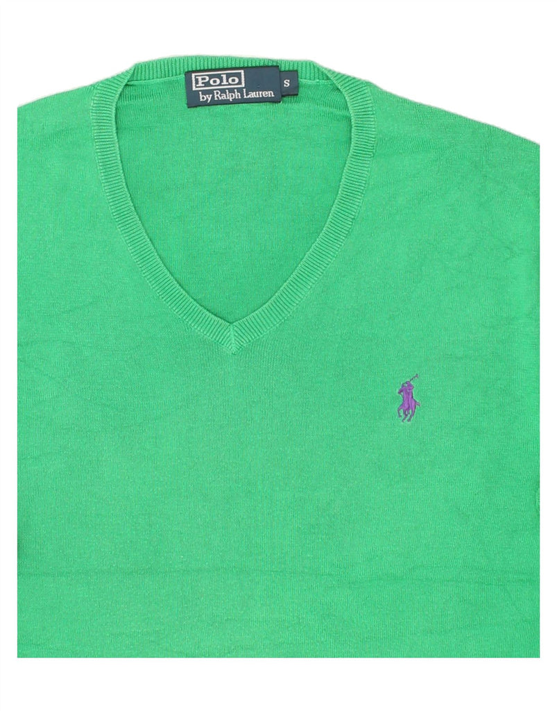 POLO RALPH LAUREN Mens V-Neck Jumper Sweater Small Green Cotton | Vintage Polo Ralph Lauren | Thrift | Second-Hand Polo Ralph Lauren | Used Clothing | Messina Hembry 