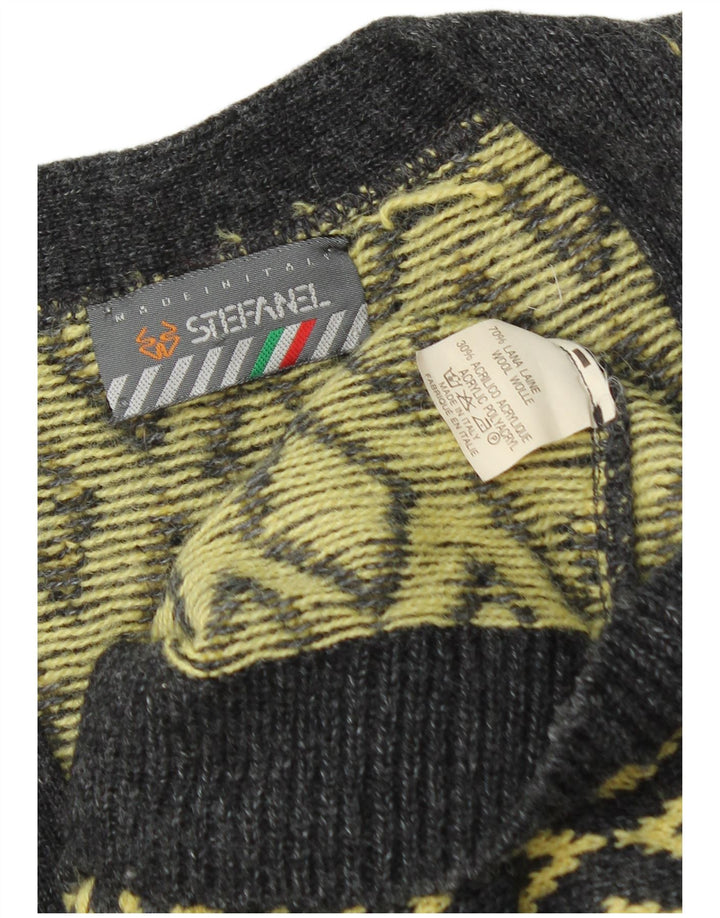 Stefanel Mens Cardigan Sweater Large Yellow Argyle/Diamond Wool