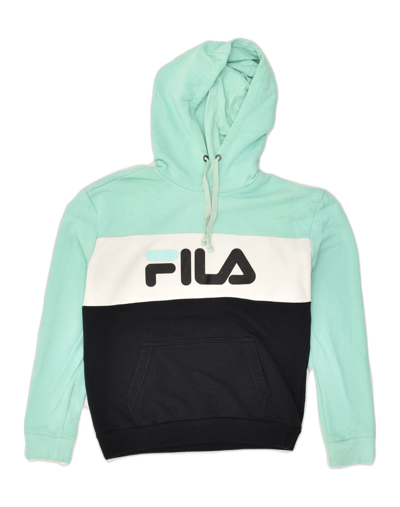 FILA Womens Graphic Hoodie Jumper UK 6 XS Blue Colourblock Cotton | Vintage Fila | Thrift | Second-Hand Fila | Used Clothing | Messina Hembry 