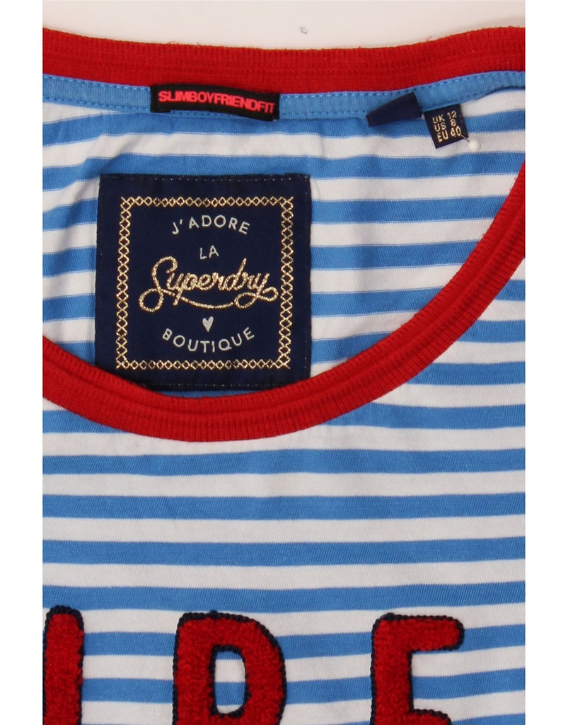SUPERDRY Womens Graphic T-Shirt Top UK 12 Medium Blue Striped Cotton Vintage Superdry and Second-Hand Superdry from Messina Hembry 