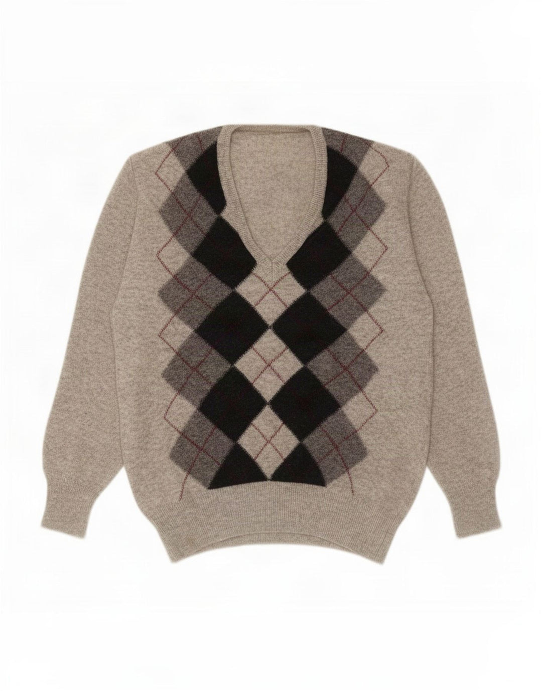 Vintage Mens V-Neck Jumper Sweater Small Grey Argyle/Diamond