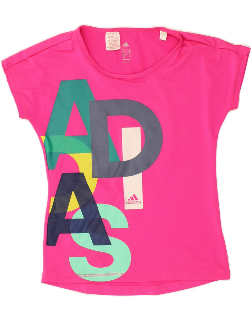 ADIDAS Girls Climalite Graphic T-Shirt Top 13-14 Years Pink Polyester Vintage Adidas and Second-Hand Adidas from Messina Hembry 