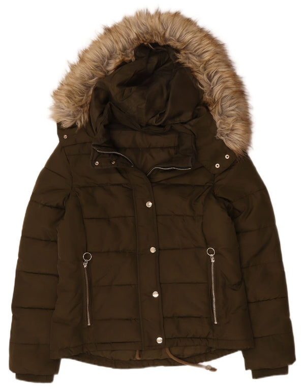 Topshop Womens Hooded Padded Jacket UK 12 Medium  Khaki Polyester
