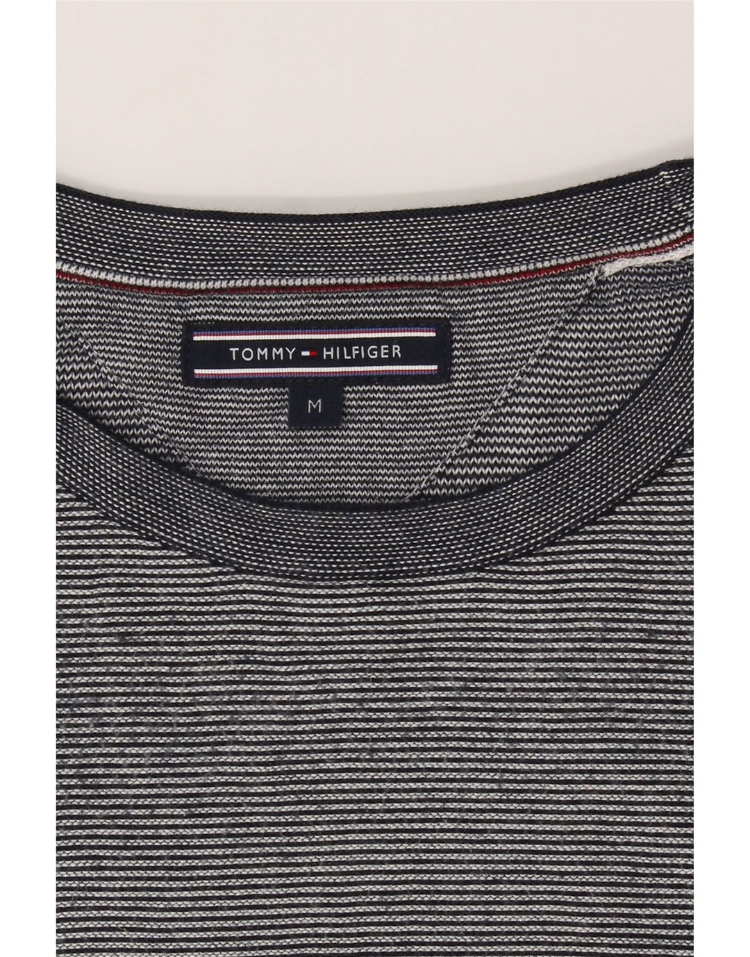 TOMMY HILFIGER Mens Crew Neck Jumper Sweater Medium Grey Pinstripe Cotton Vintage Tommy Hilfiger and Second-Hand Tommy Hilfiger from Messina Hembry 